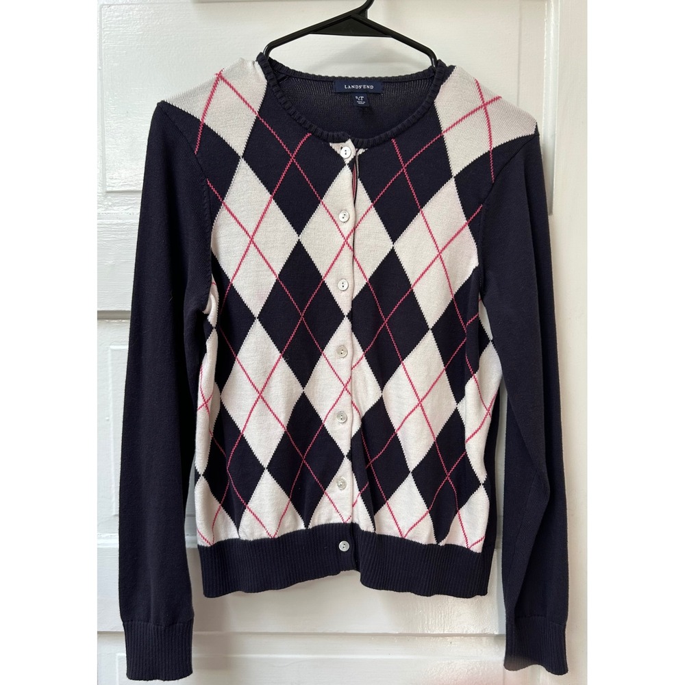 Lands' End Dark Blue and White Argyle Cardigan Size Small Petite